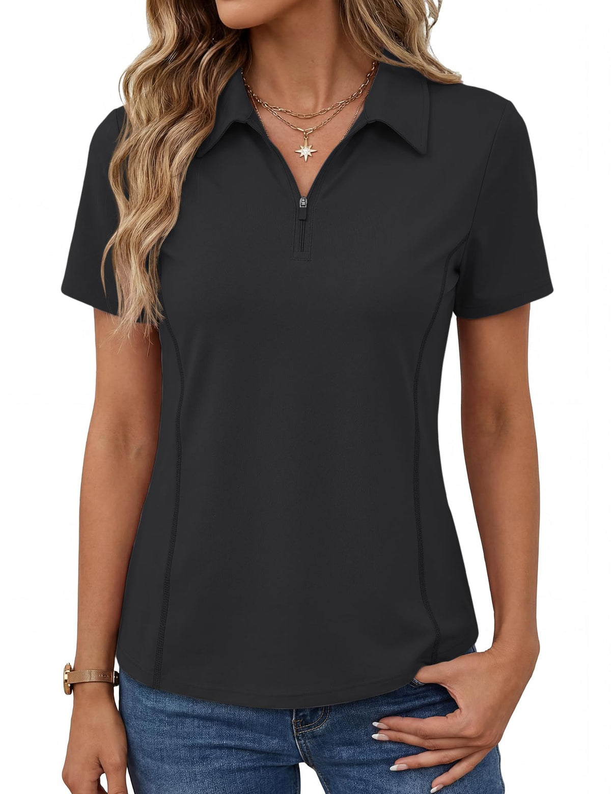 LOMON Women’s Short Sleeve Athletic Polo Shirt High Performance Stretch Quarter Zip Top for Golf Tennis