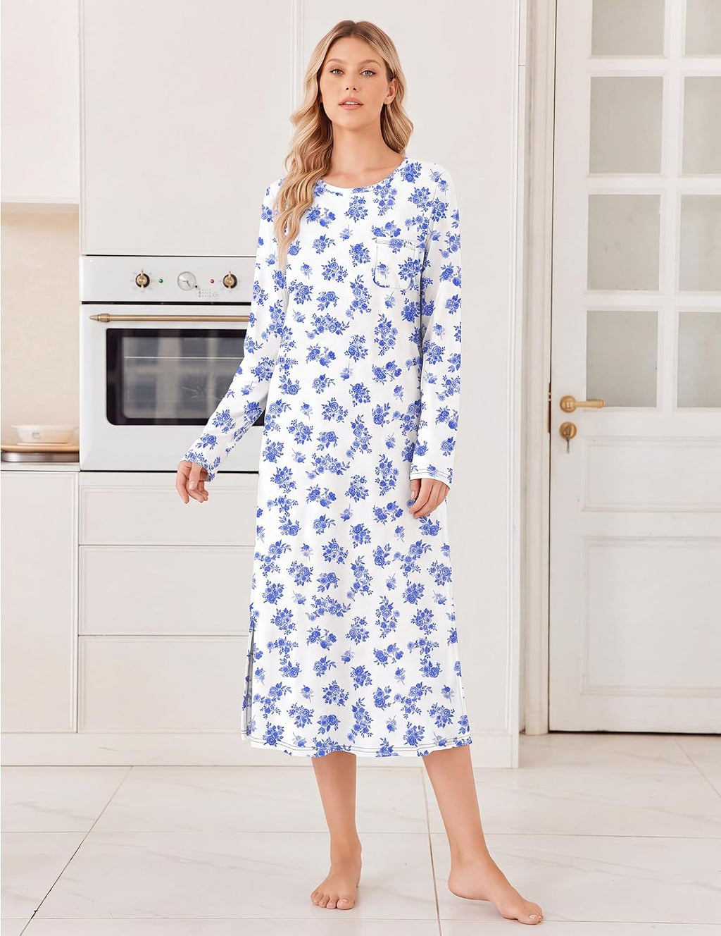 Ekouaer 3 Pack Long Sleeve Full Length Chest Pocket Nightgowns for Women