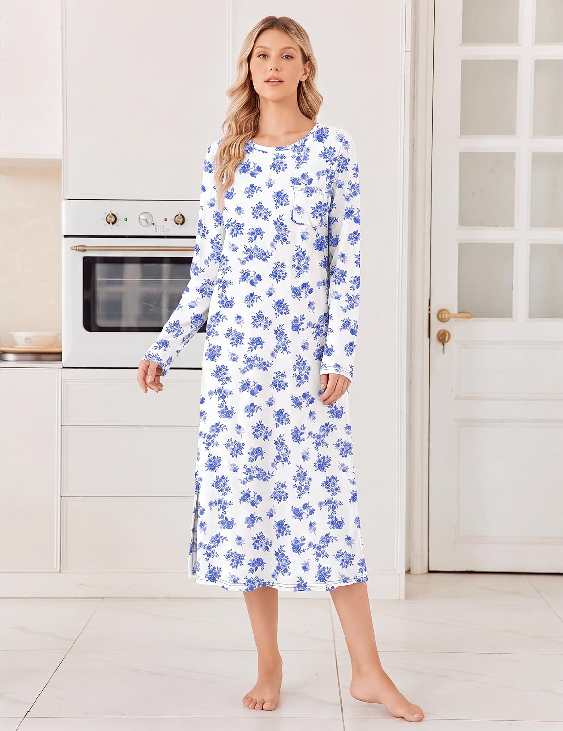 Ekouaer 3 Pack Long Sleeve Full Length Chest Pocket Nightgowns for Women