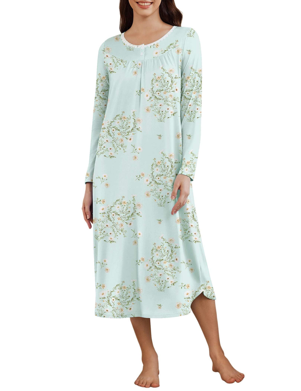 Ekouaer Womens Long Sleeve Nightgowns Long Sleepshirts Henley Sleep Dress