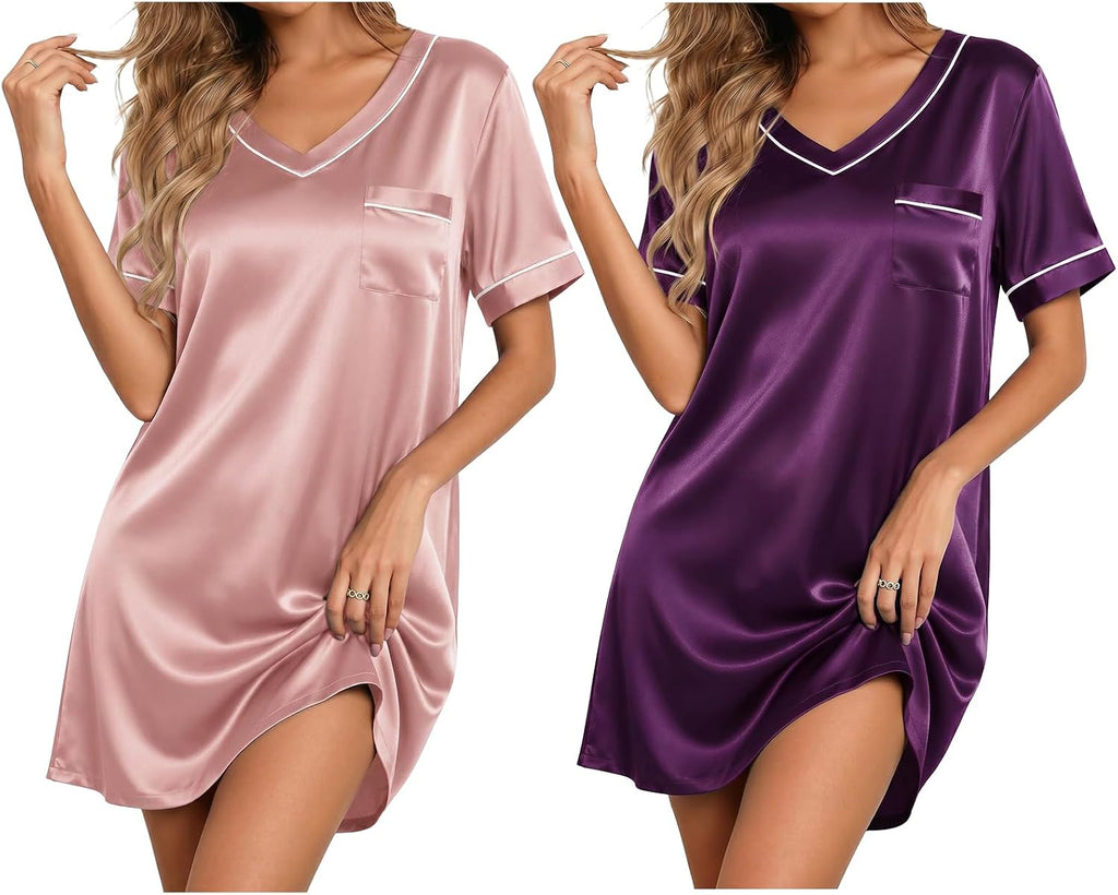 Ekouaer 2 Pack Nightgowns for Women Satin Short Sleeve V Neck House Dress