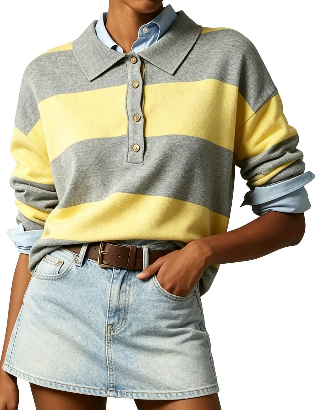 Wyeysyt Polo Sweater Women Rugby Shirt Striped Collared Sweaters