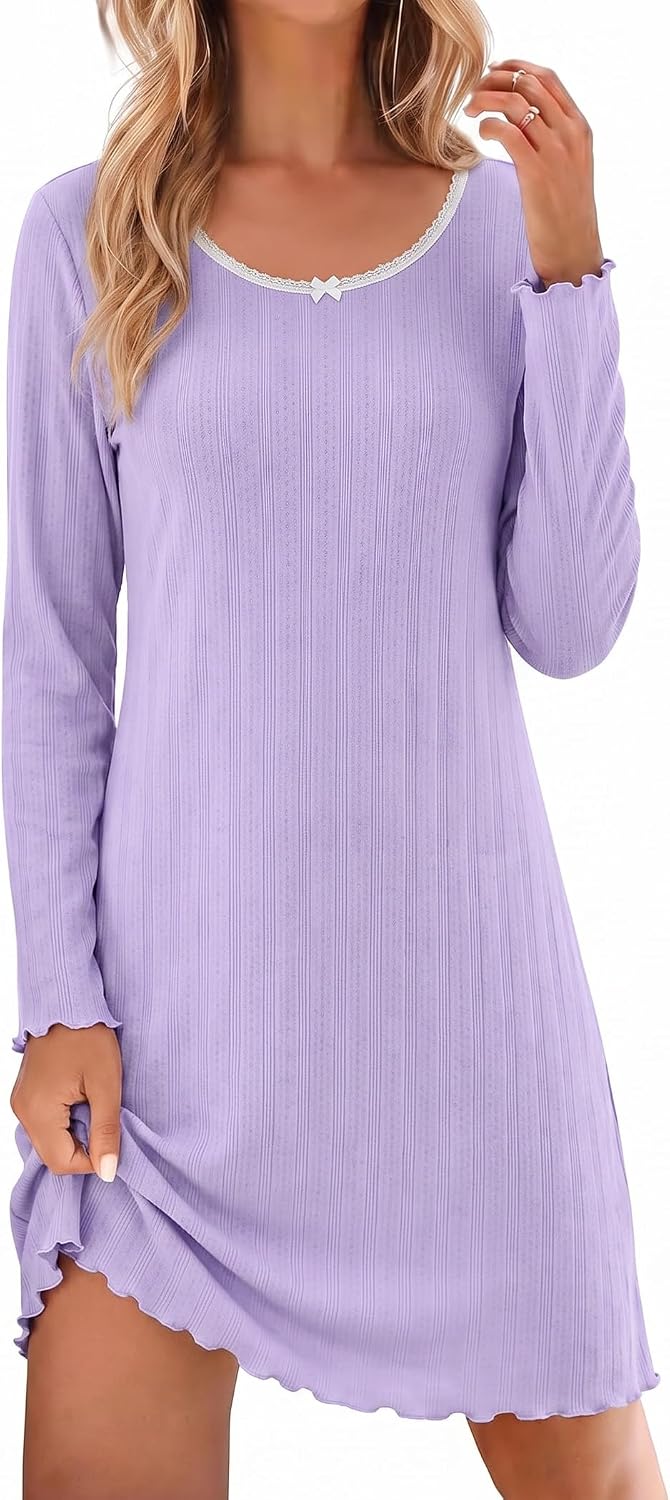 Ekouaer Women's Long Sleeve Nightgown Soft Ribbed Sleep Dress Night Shirt