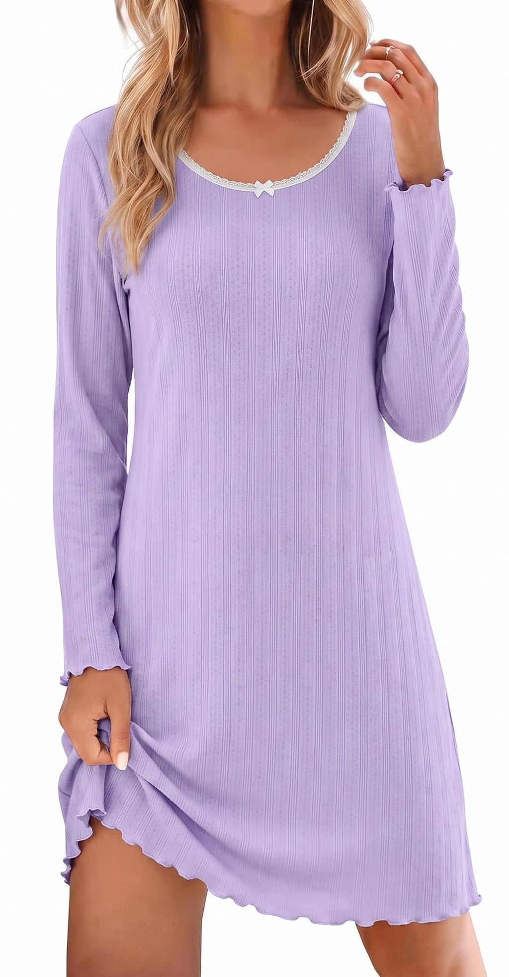 Ekouaer Women's Long Sleeve Nightgown Soft Ribbed Sleep Dress Night Shirt