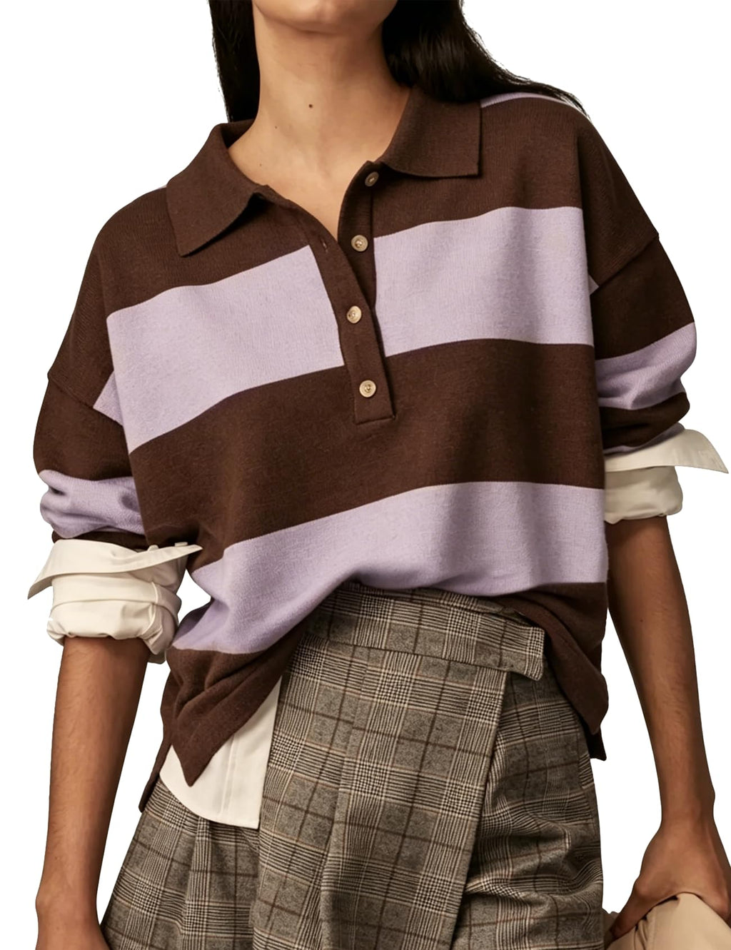 Wyeysyt Polo Sweater Women Rugby Shirt Striped Collared Sweaters