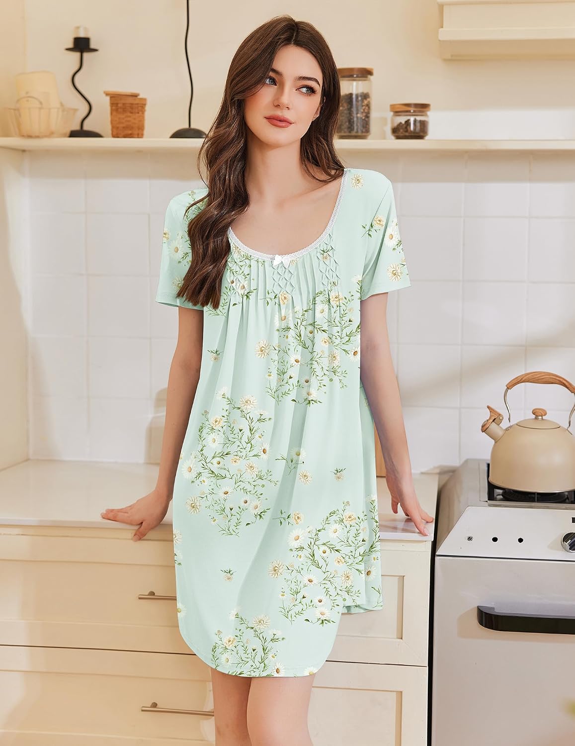 Ekouaer Nightgowns for Women Pleated Sleep Shirts Short Sleeve Night Shirts