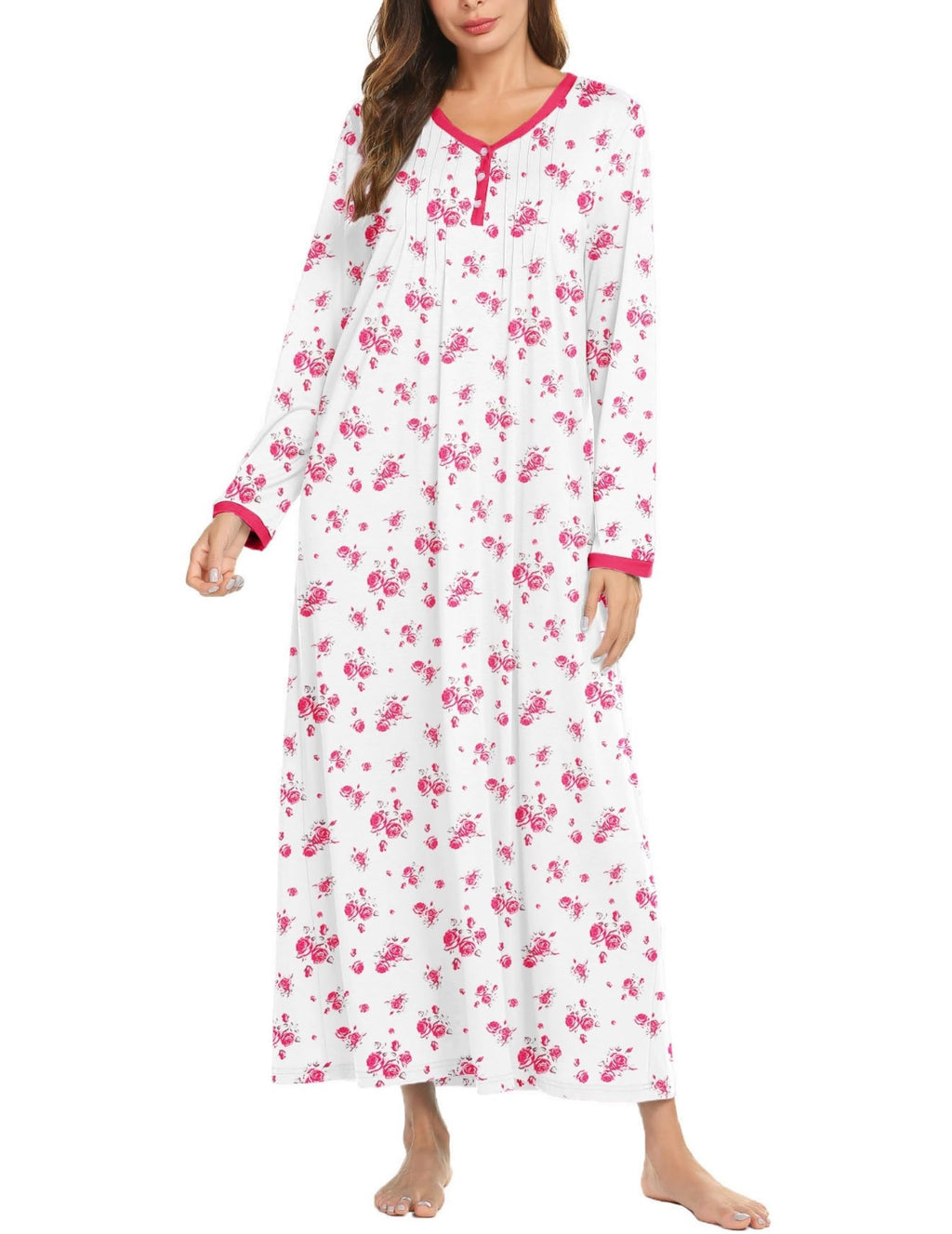 Ekouaer Women's Long Sleeve Nightgown Full Length Sleepwear Long Sleepshirts Henley Sleep Dress