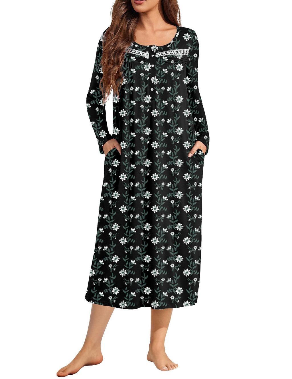 Ekouaer Long Sleeve Nightgown for Women Long Henley House Dress with Pocket