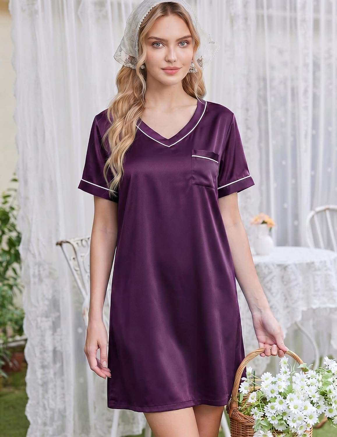 Ekouaer 2 Pack Nightgowns for Women Satin Short Sleeve V Neck House Dress