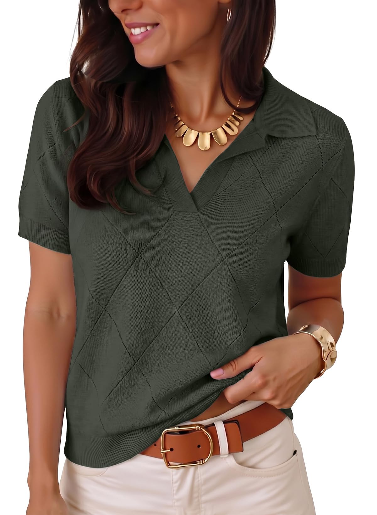 Dokotoo Women Short Sleeve Sweater V Neck Knit Tops Business Casual Collared Work Shirt