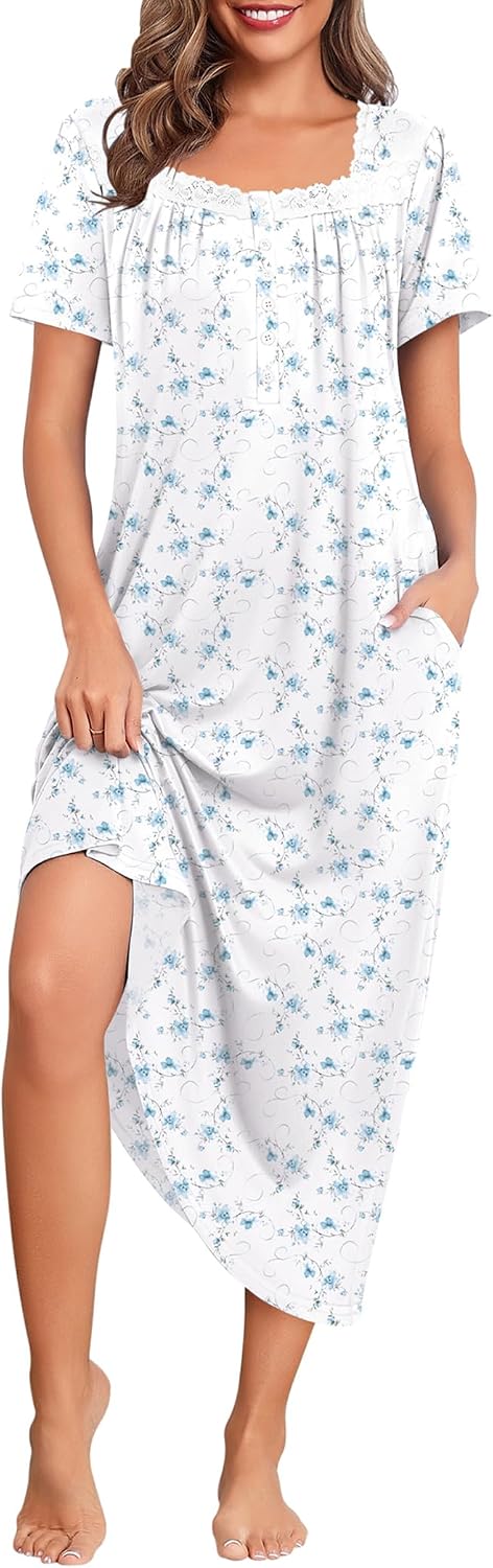 Ekouaer Long Nightgowns for Women Short Sleeve House Dress with Pockets