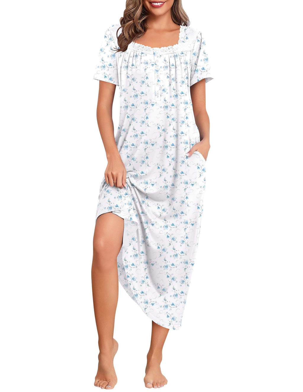 Ekouaer Long Nightgowns for Women Short Sleeve House Dress with Pockets