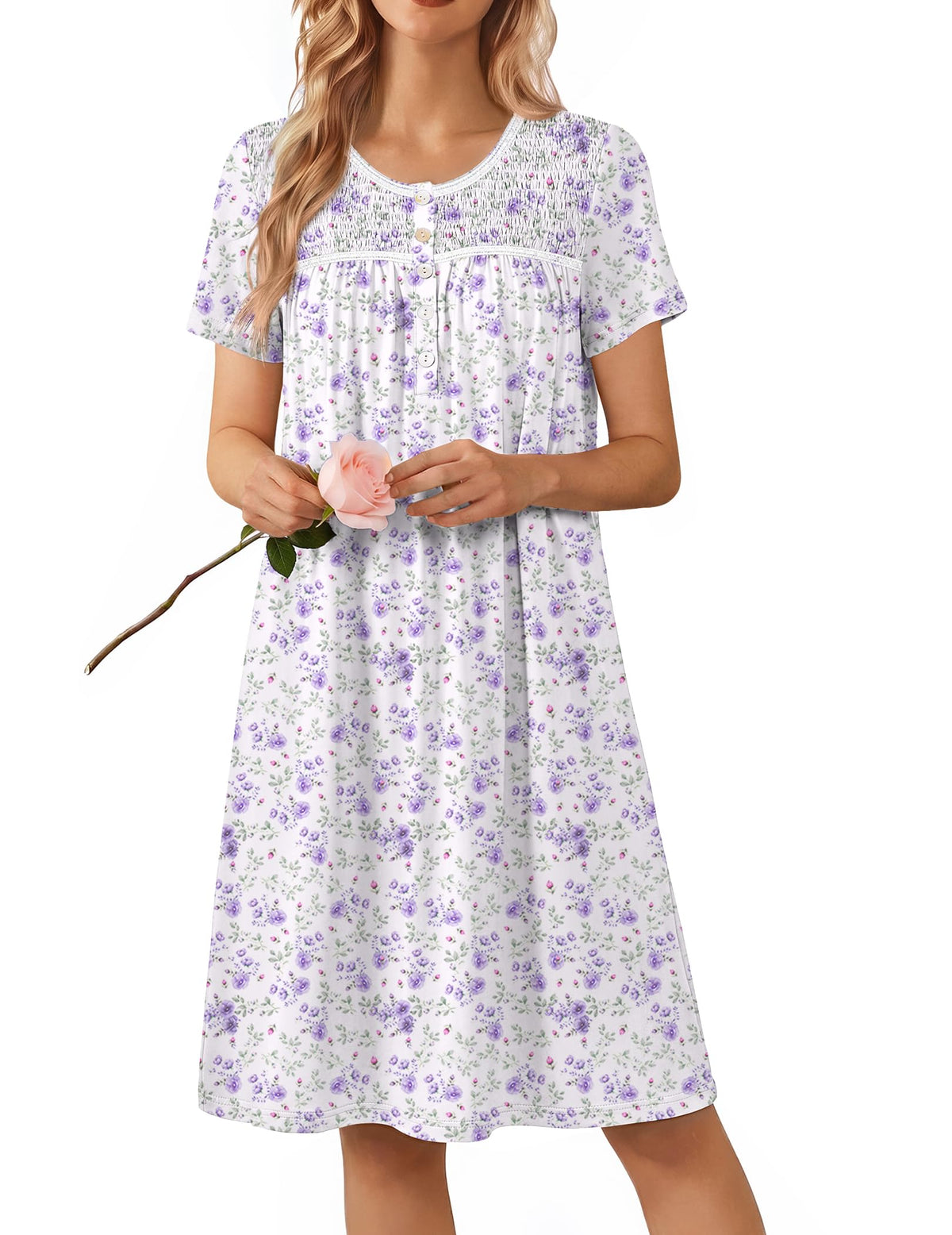 Ekouaer Nightgowns for Women Smocked Night Gown Short Sleeve Sleepshirts
