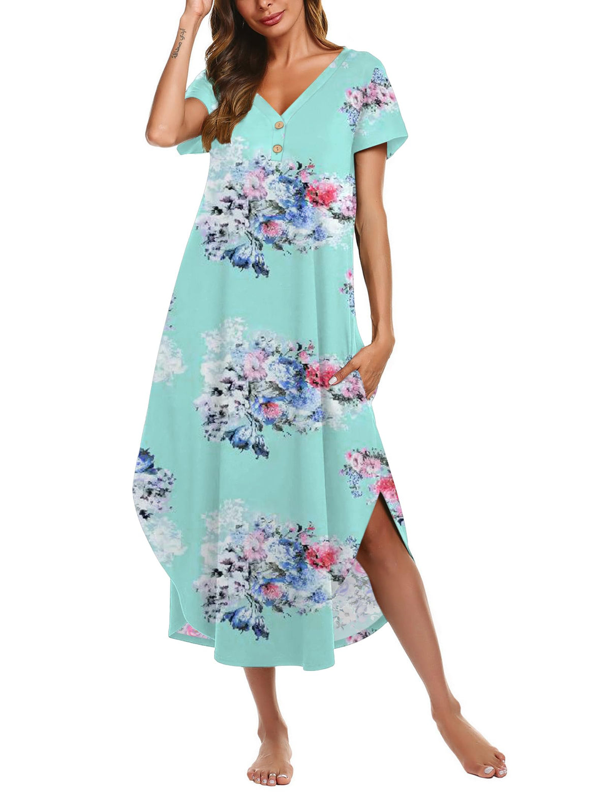 Ekouaer Long Nightgowns For Women Short Sleeve Midi Nightgown With Pockets