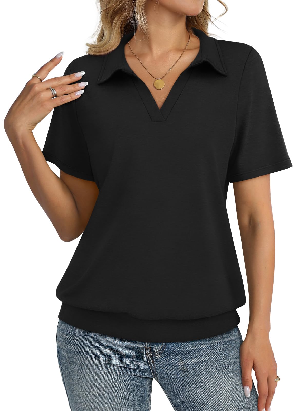 TICTICMISS Womens Polo Shirts Short Sleeve Banded Bottom Tops Business