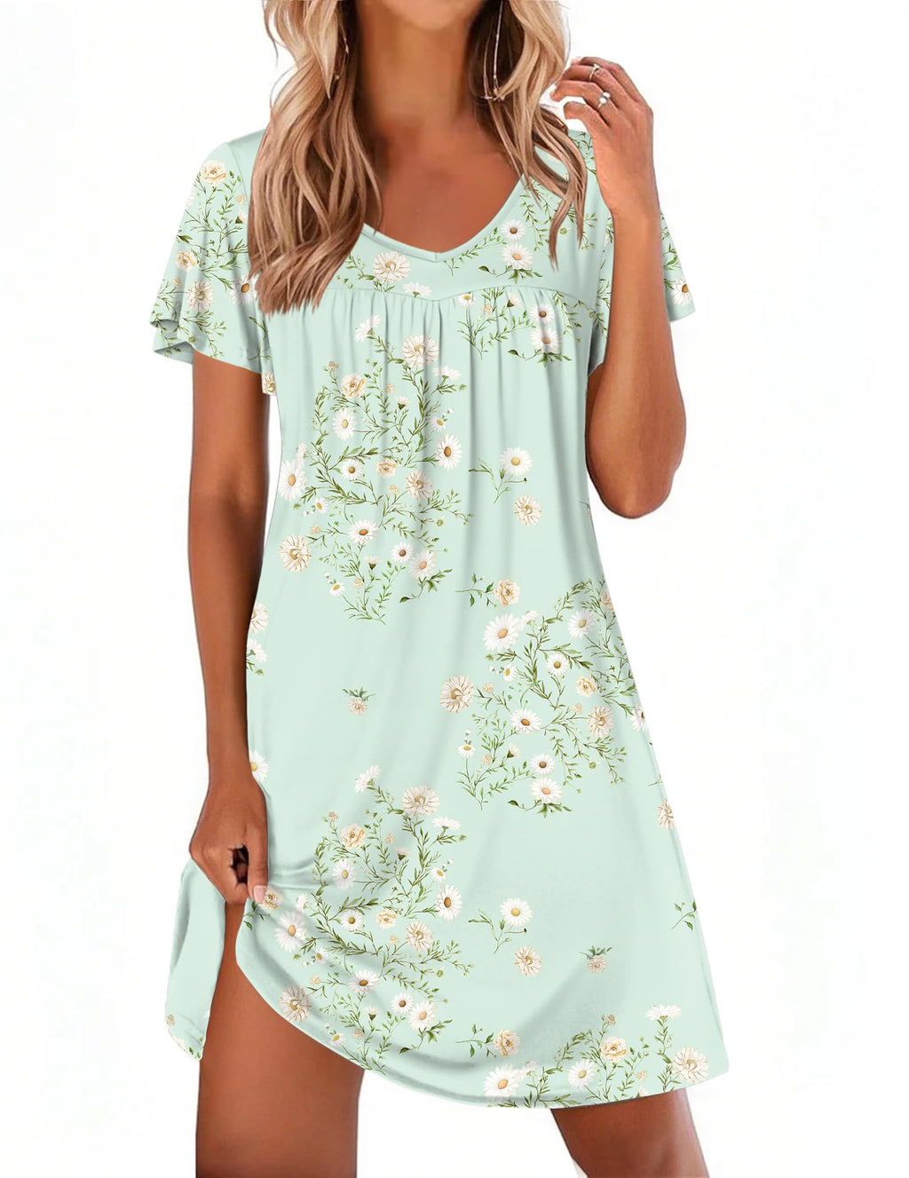 Ekouaer Nightgowns for Women Short Sleeve House Dress Pleated Night Gown