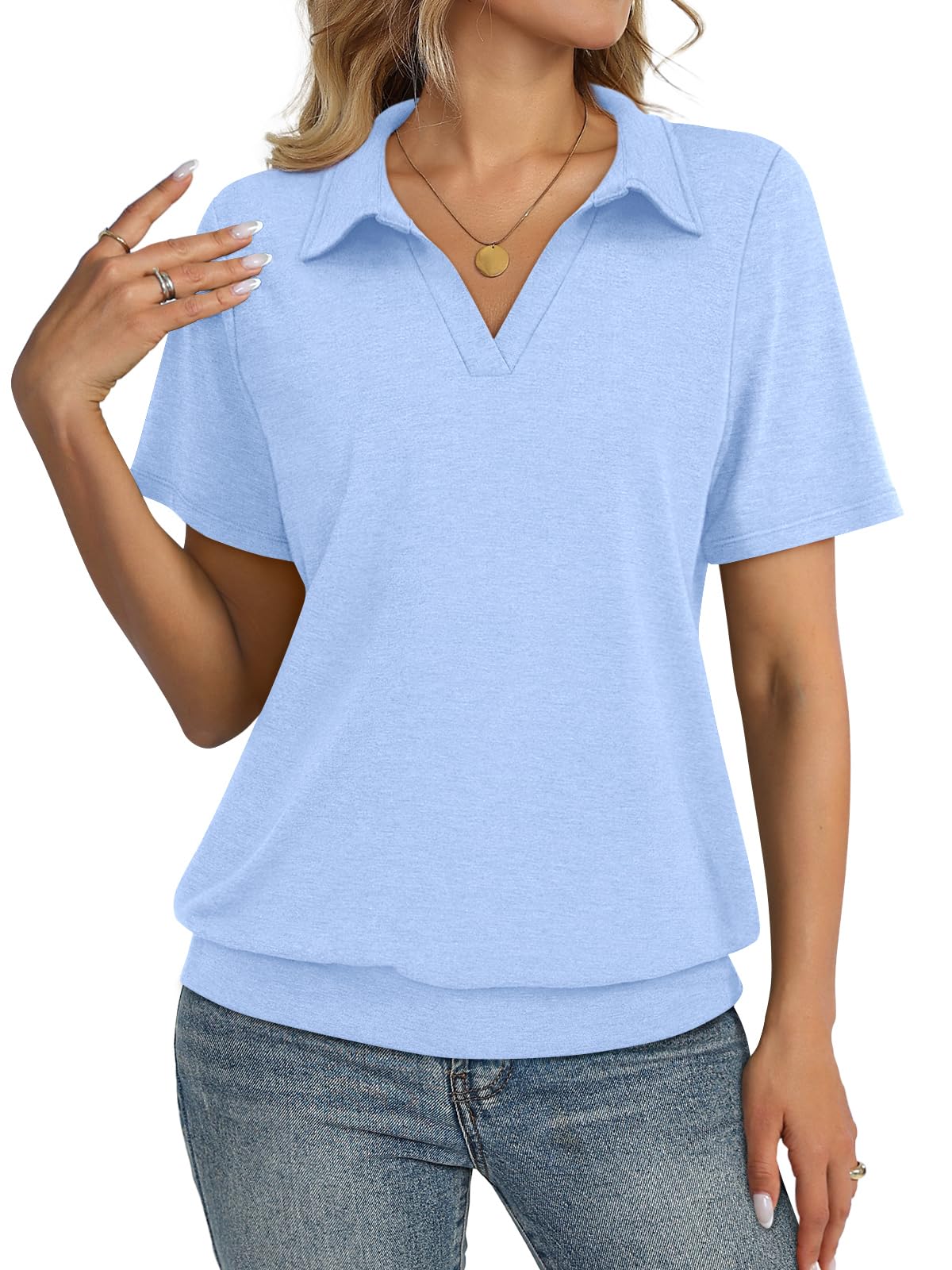 TICTICMISS Womens Polo Shirts Short Sleeve Banded Bottom Tops Business