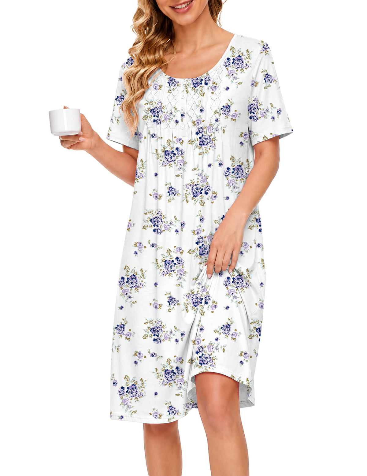 Ekouaer Cotton Nightgowns for Women Short Sleeve House Dress Pleated Moomoo
