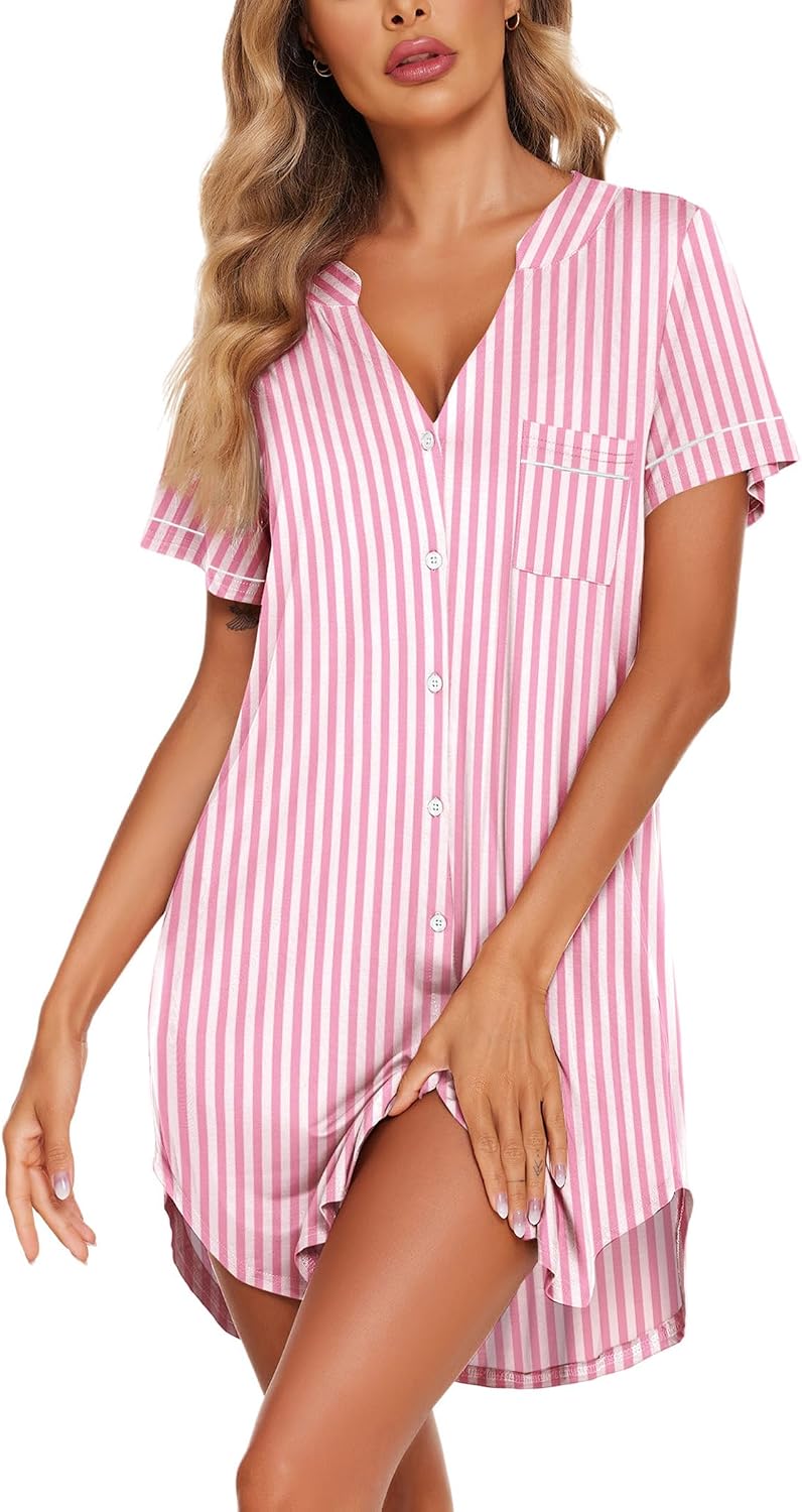 Ekouaer Nightgowns for Women Button Down Night Gown Short Sleeve Sleepshirt