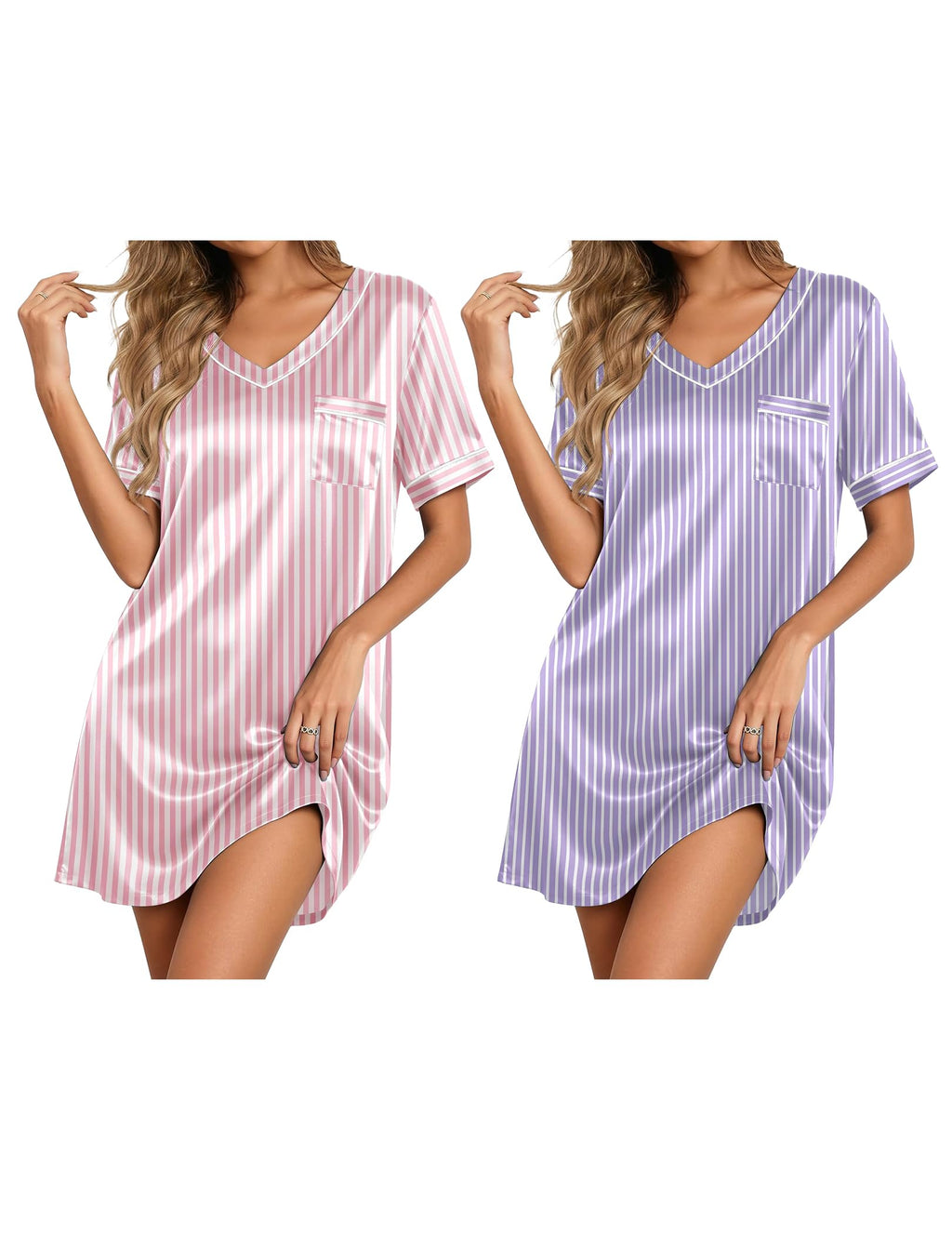 Ekouaer 2 Pack Nightgowns for Women Satin Short Sleeve V Neck House Dress