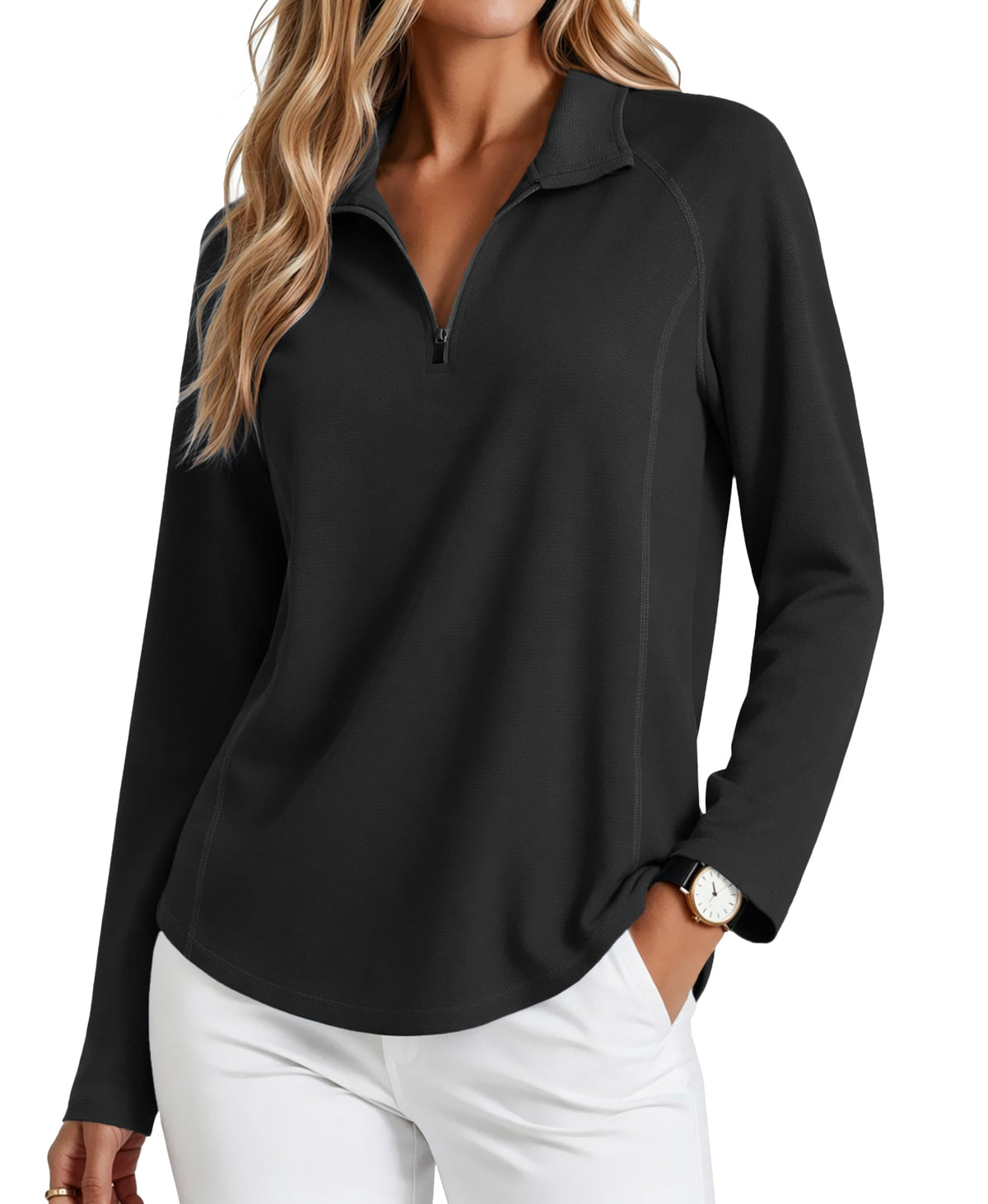 PINSPARK Womens Golf Shirt Long Sleeve Polo Shirts 1/4 Zip Tennis Hiking Tops UPF 50+ Workout Athletic Tee with Thumb Holes