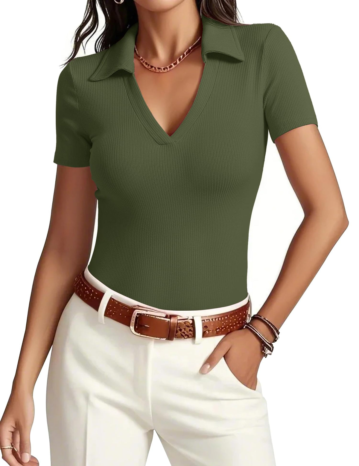 Meetrendi Womens Short Sleeve Work Shirt Summer V Neck Fitted Business Polo