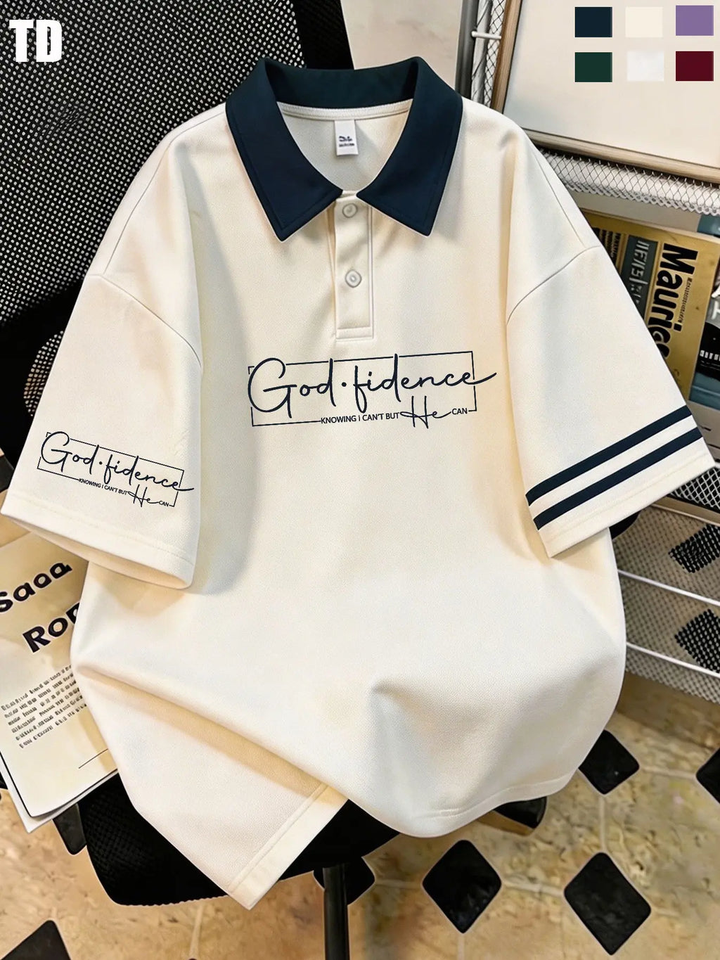Td Faith Inspired Script Print Polo Shirts, Double Striped Cuff, Unisex 6 Colors, Breathable Street Tops, Casual