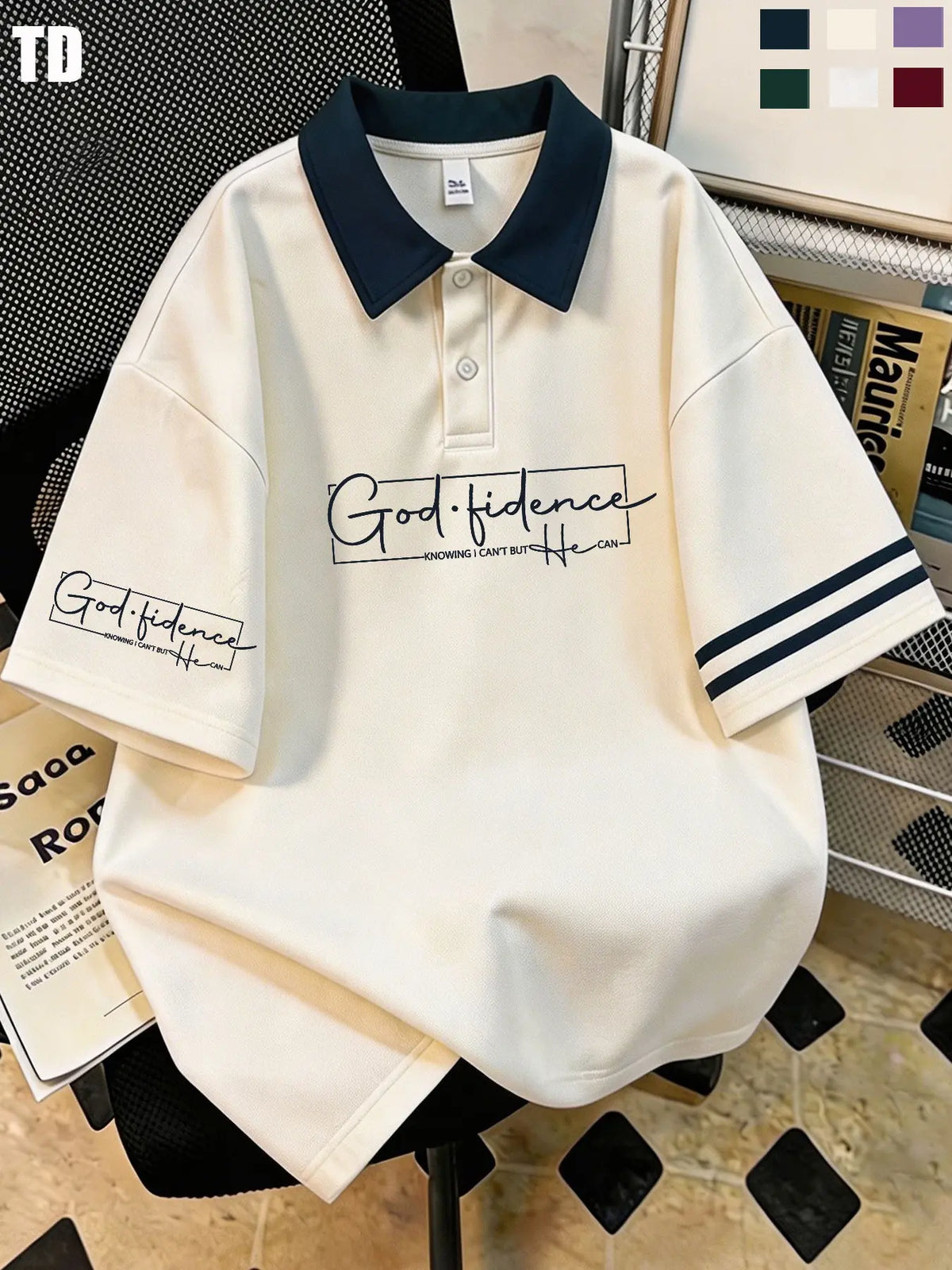 Td Faith Inspired Script Print Polo Shirts, Double Striped Cuff, Unisex 6 Colors, Breathable Street Tops, Casual