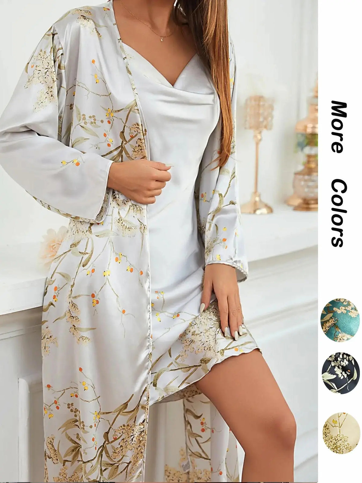 @Shopwithjulie Collection 2 Piece Set, Womenswear, Women's Lady Fitted Casual Floral Print Pyjama Set, Cowl Neck Cami & Belted Pj Robe, Fall Outfits, Women Sleepwear Loungewear Set, Long Sleeve, Style, Sleepwear Homewear Clothes, Loungewear Nightwear