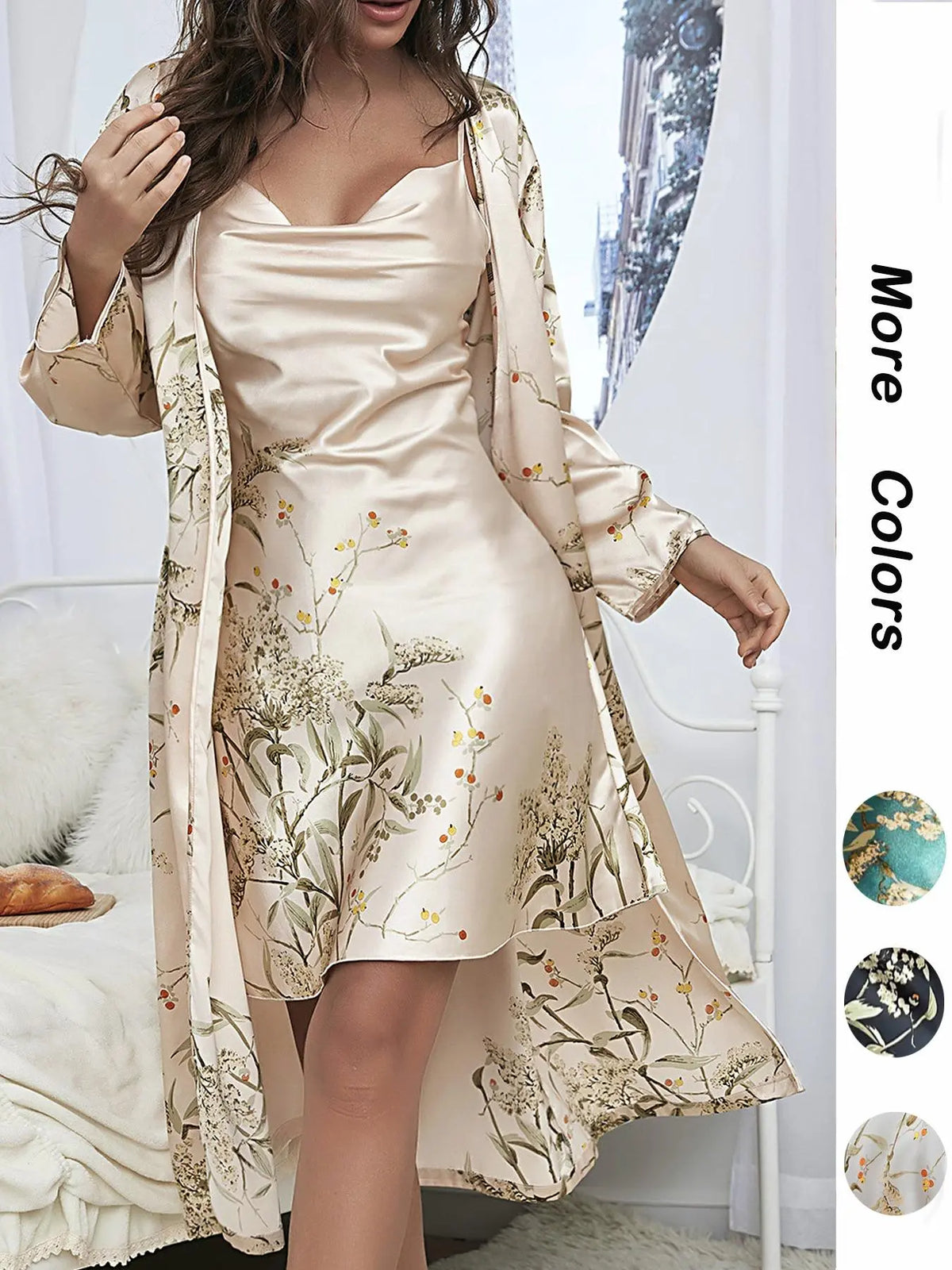 @Shopwithjulie Collection 2 Piece Set, Womenswear, Women's Lady Fitted Casual Floral Print Pyjama Set, Cowl Neck Cami & Belted Pj Robe, Fall Outfits, Women Sleepwear Loungewear Set, Long Sleeve, Style, Sleepwear Homewear Clothes, Loungewear Nightwear