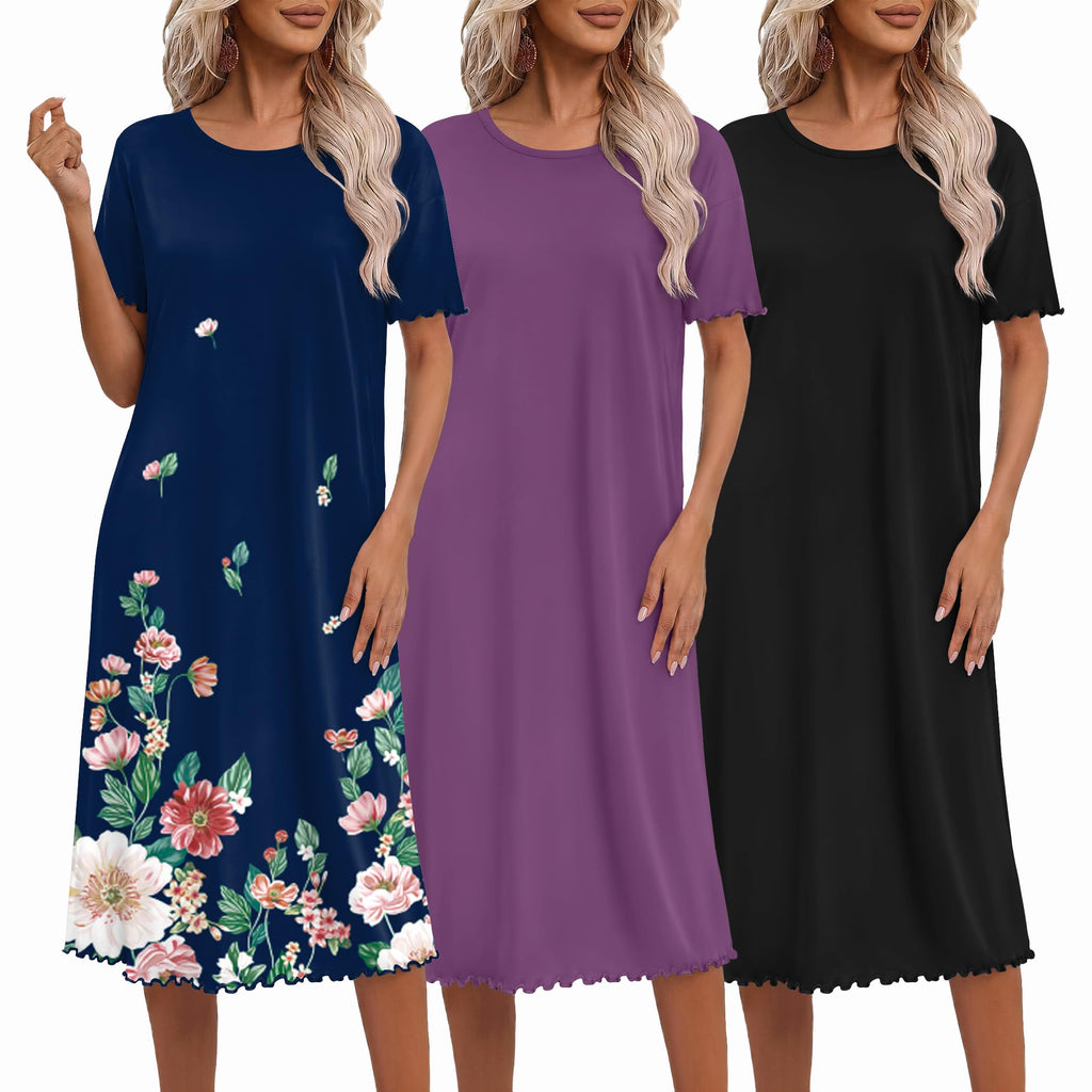 Ekouaer 3 Pack Long Nightgowns for Women Ruffle House Dress