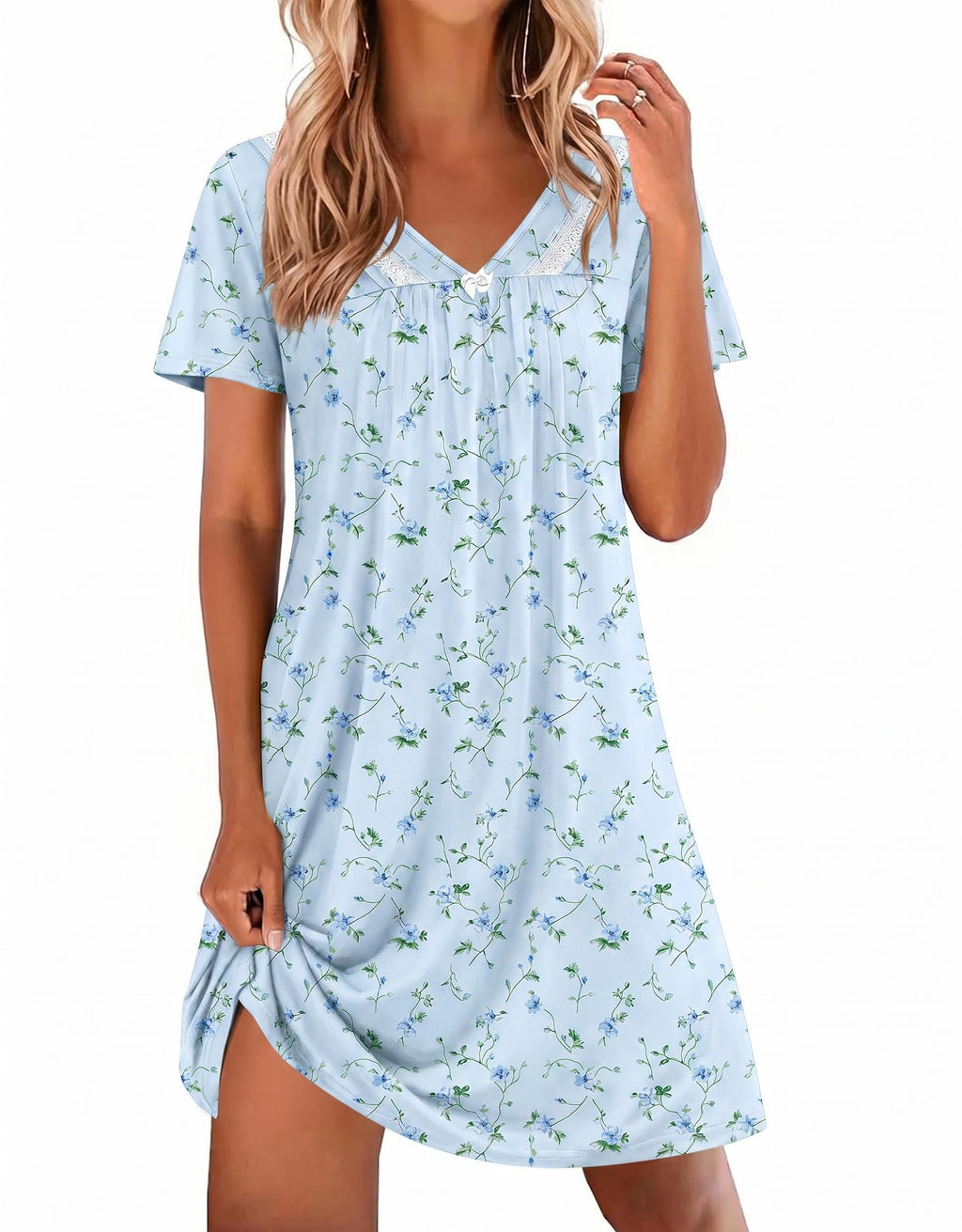 Ekouaer Nightgowns for Women V Neck Sleepshirt Short Sleeve Nightdress Lace Trim Night Gown House Dress with Pockets