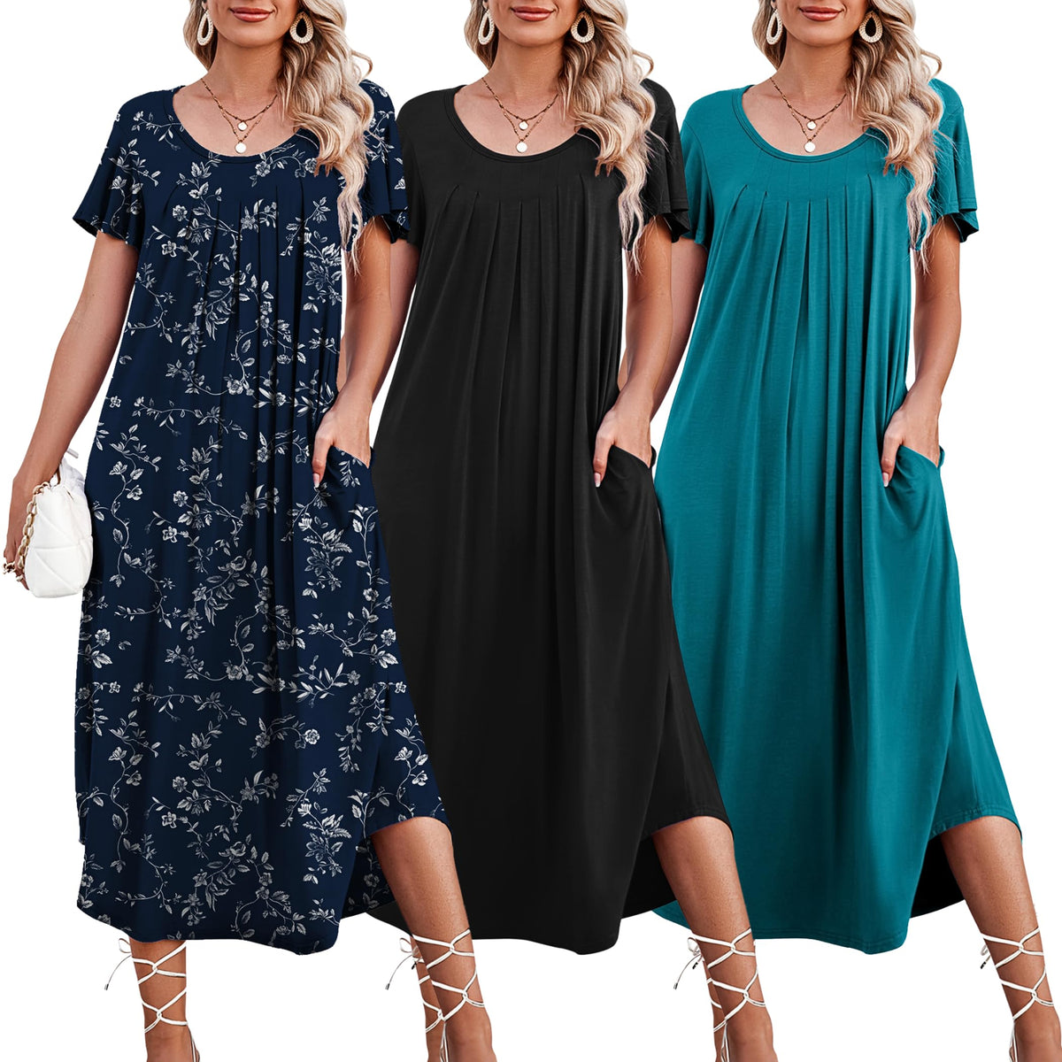 Ekouaer 3 Pack Long Nightgowns for Women House Dress with Pocket Moo Moos