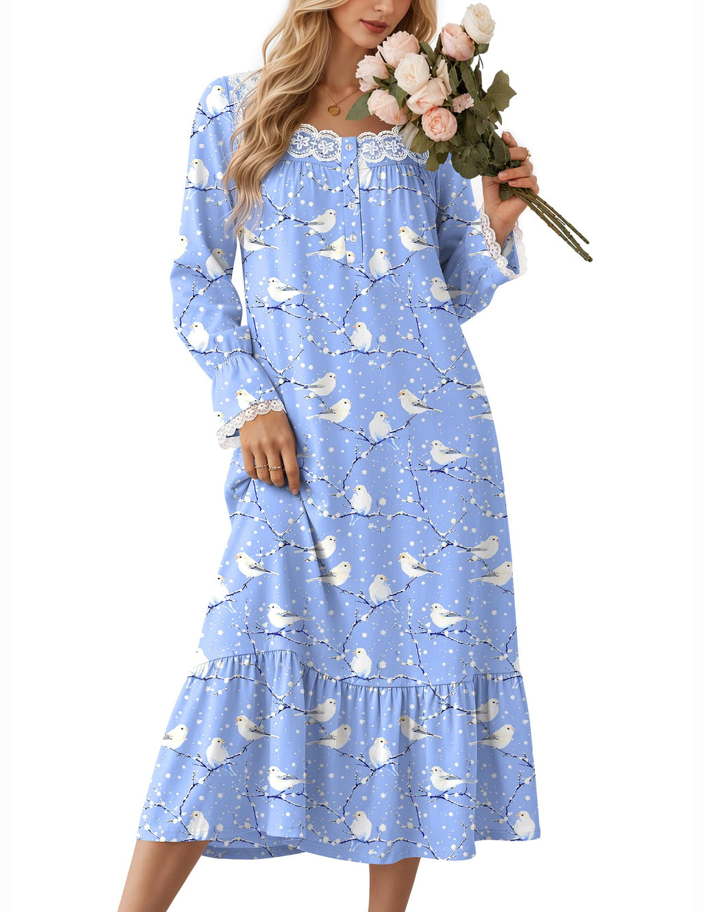 Ekouaer Cotton Nightgowns for Women Long Sleeve Night Gown Lace Sleepwear