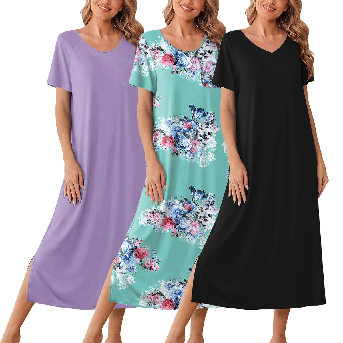 Ekouaer Long Nightgowns for Women 3 Pack Plus Size Short Sleeve House Dress
