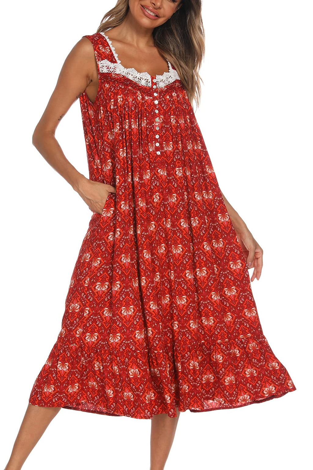 AVIIER Cotton Nightgowns for Women Sleeveless House Dress Ladies Long Nightdress with Pockets S-XXL
