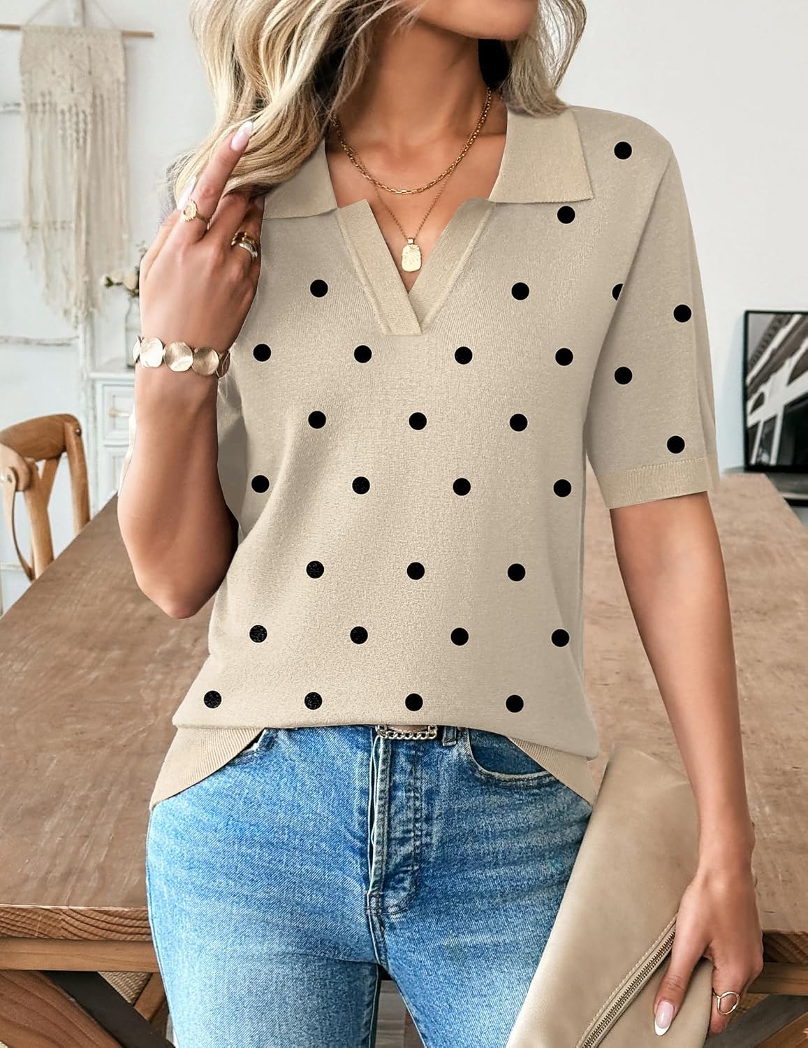 Zeagoo Womens Polo Sweater Short Sleeve V Neck Knitted Business Casual Tops