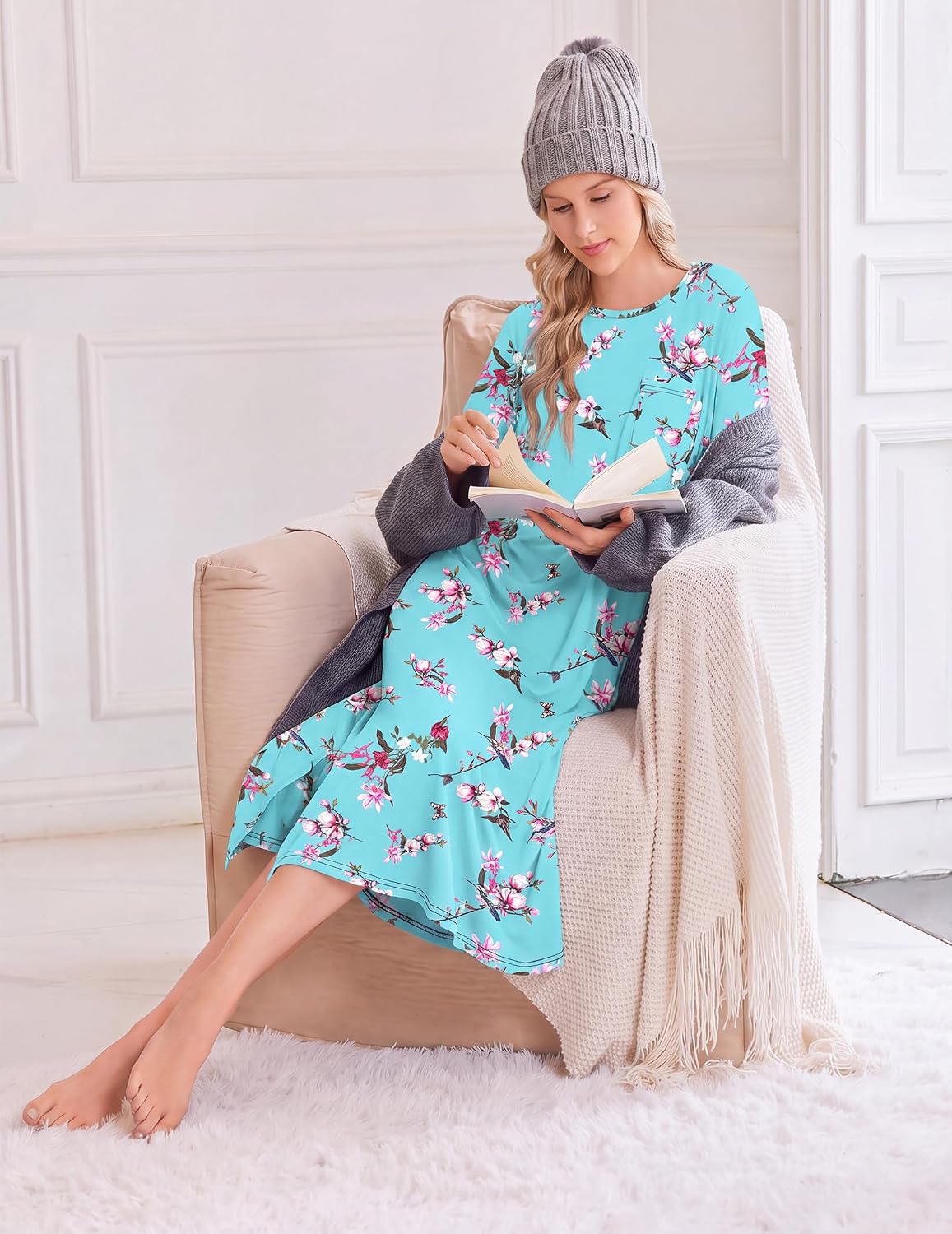 Ekouaer 3 Pack Long Sleeve Full Length Chest Pocket Nightgowns for Women