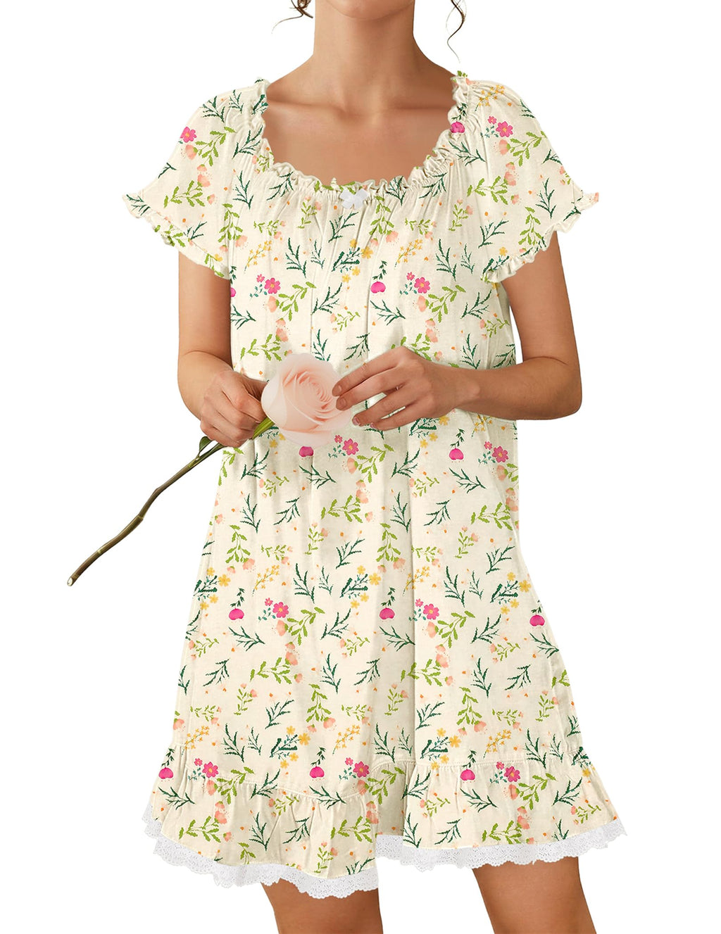Ekouaer Cotton Nightgowns for Women Short Sleeve Victorian Night Gowns