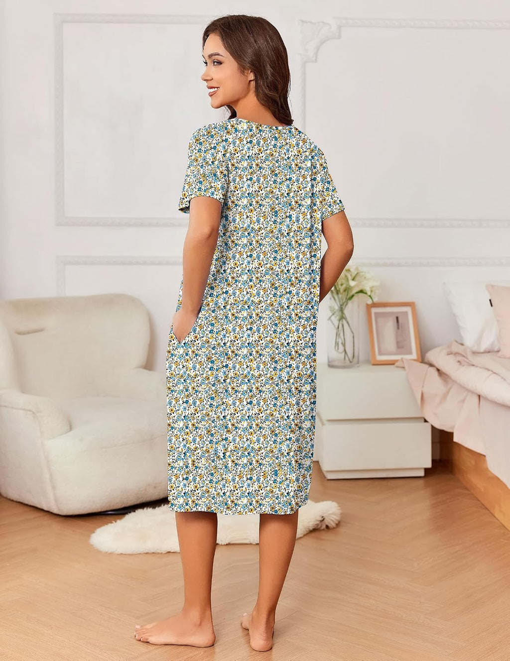 Ekouaer Nightgowns for Women with Pockets House Dress Pleated Night Gowns