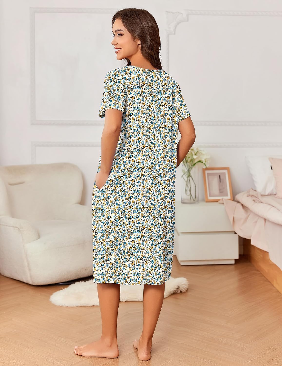 Ekouaer Nightgowns for Women with Pockets House Dress Pleated Night Gowns