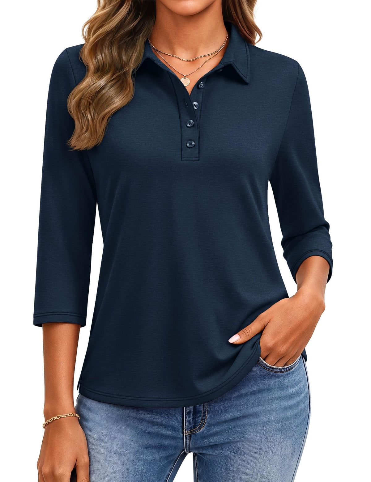 YUCOLEN Polo Shirts for Women 3/4 Sleeve Tops Golf Tees 5-Button Collared