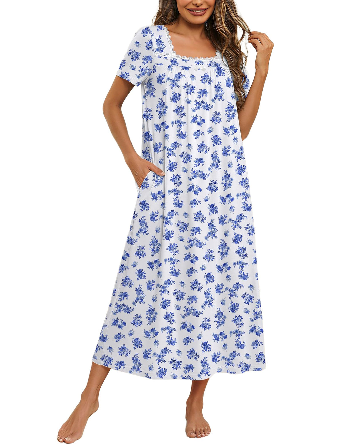 Ekouaer Cotton Long Nightgowns for Women Vintage House Dress with Pockets