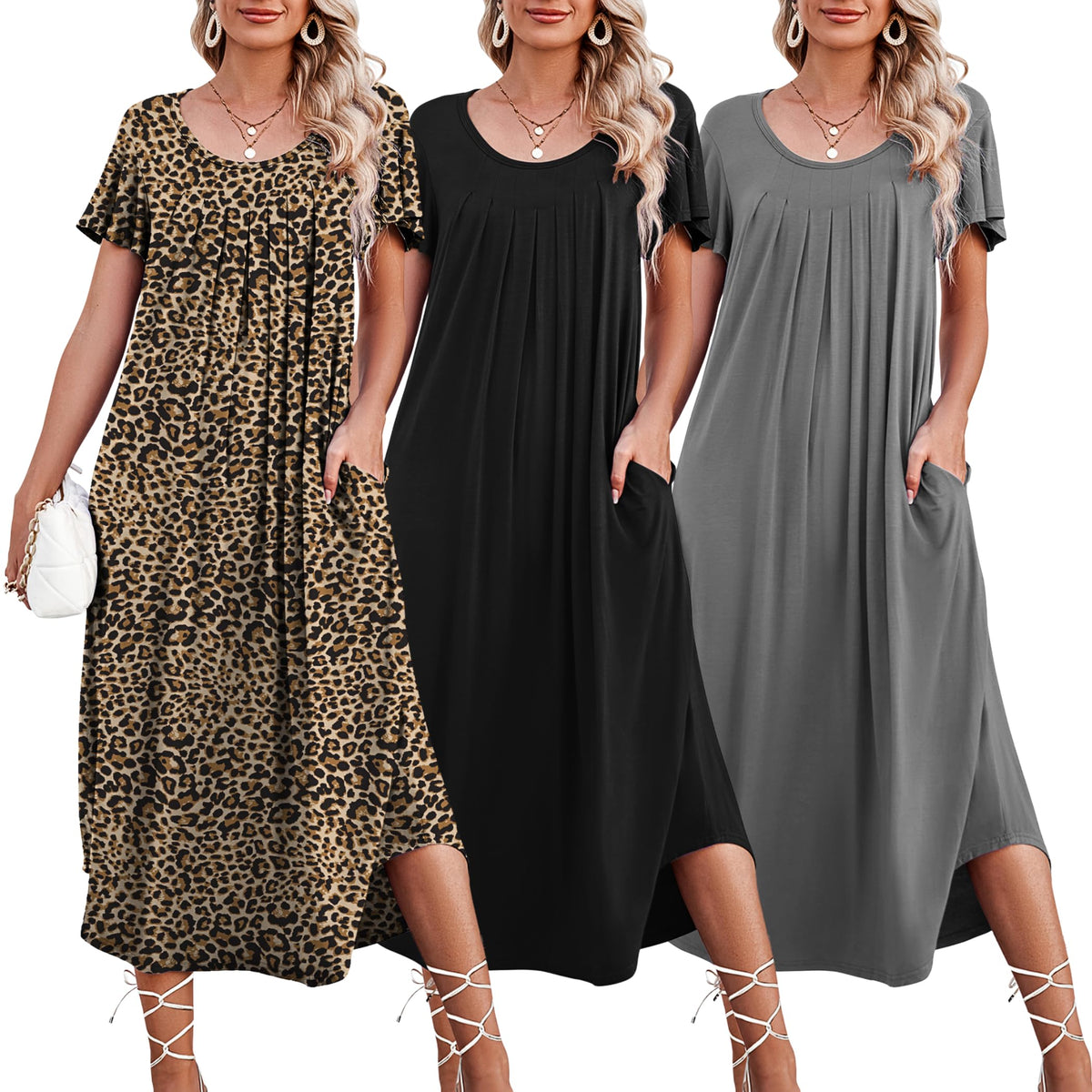 Ekouaer 3 Pack Long Nightgowns for Women House Dress with Pocket Moo Moos
