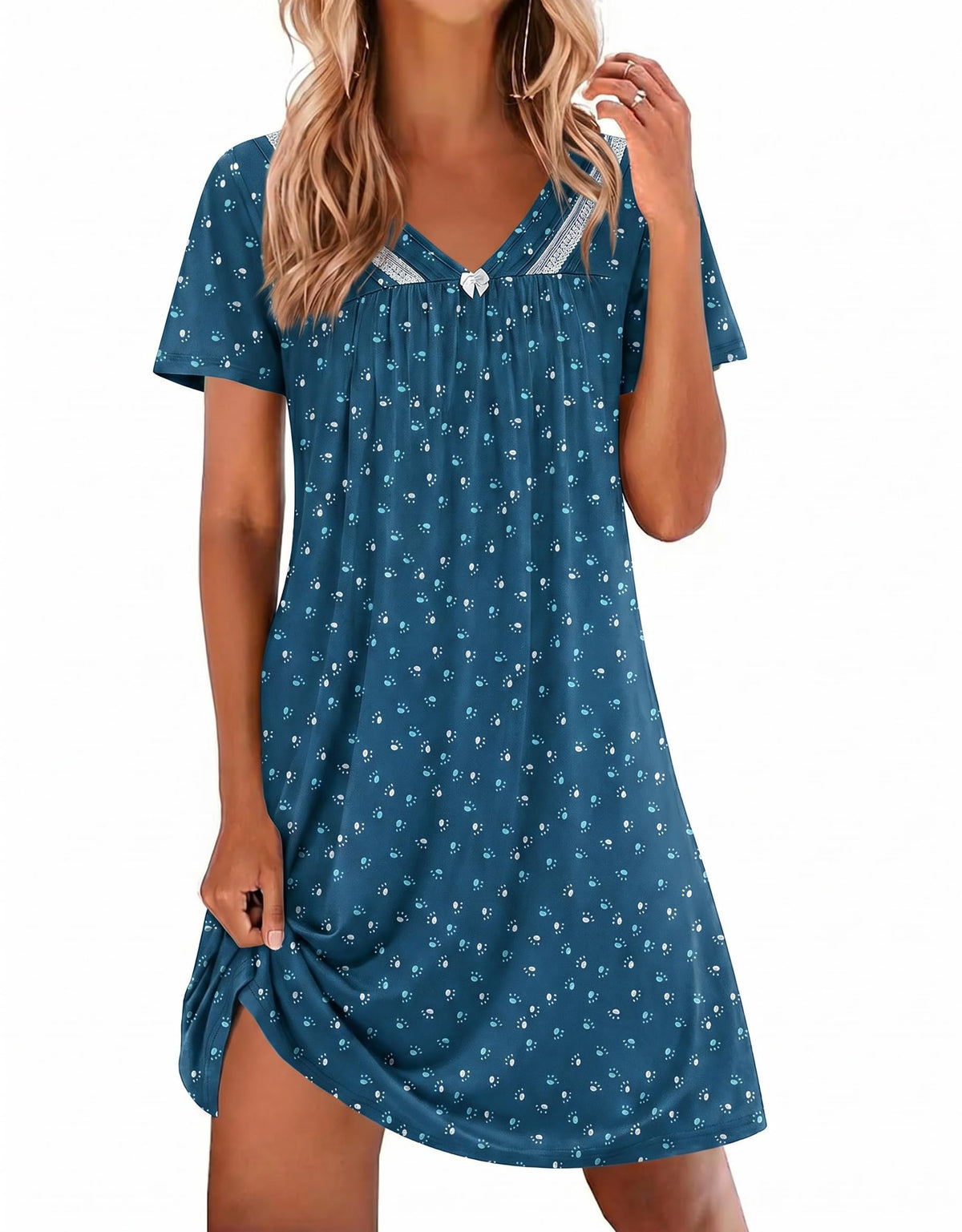 Ekouaer Nightgowns for Women V Neck Sleepshirt Short Sleeve Nightdress Lace Trim Night Gown House Dress with Pockets
