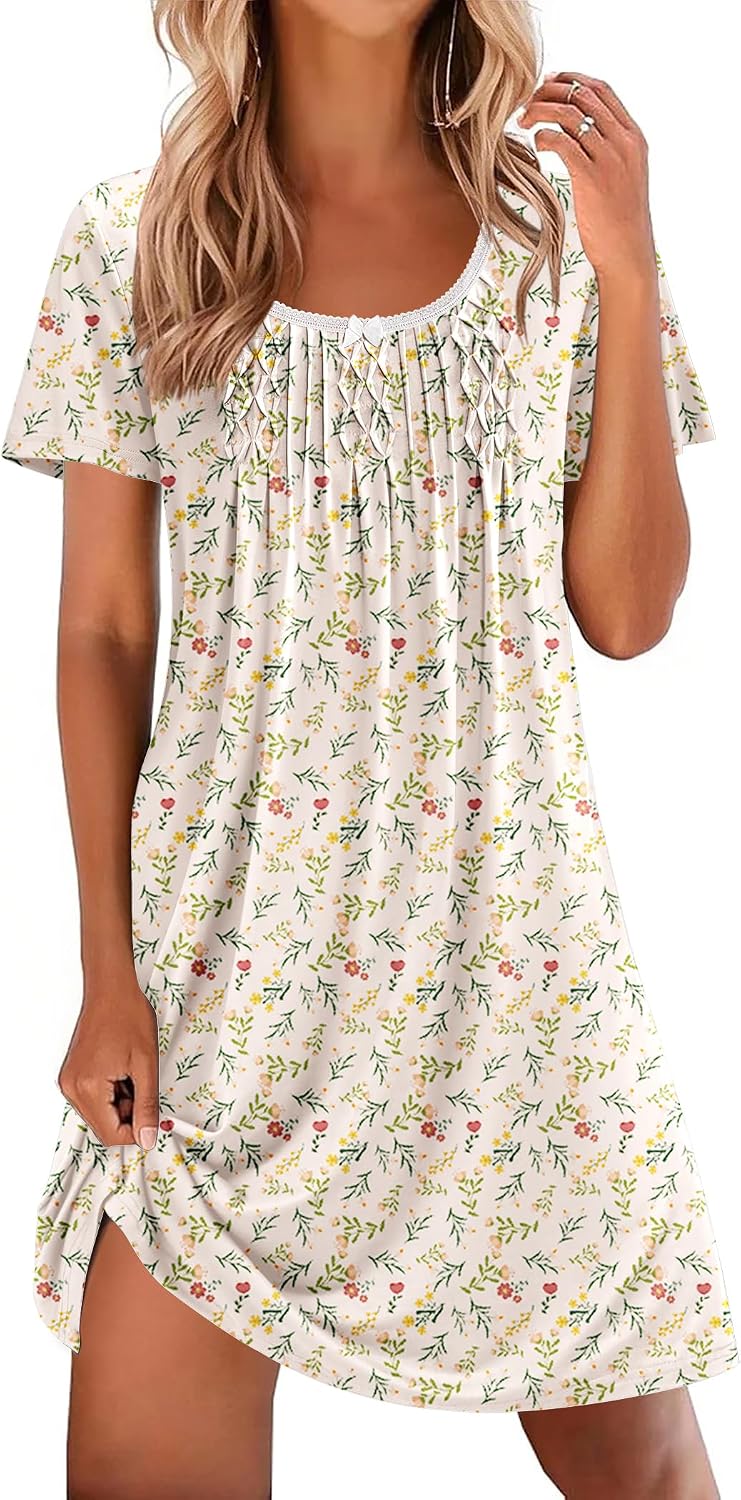 Ekouaer Nightgowns for Women Pleated Sleep Shirts Short Sleeve Night Shirts