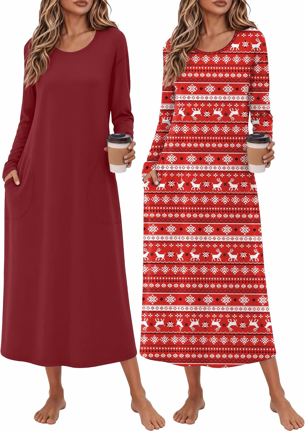 Ekouaer 2 Pack Long Nightgowns for Women Long Sleeve Nightgown with Pocket