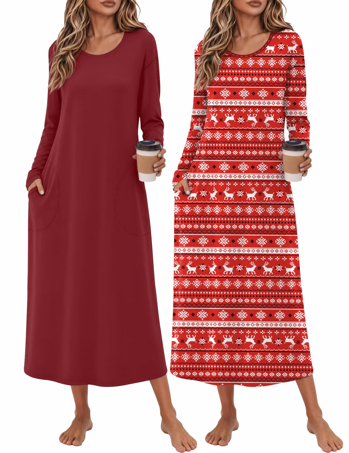 Ekouaer 2 Pack Long Nightgowns for Women Long Sleeve Nightgown with Pocket