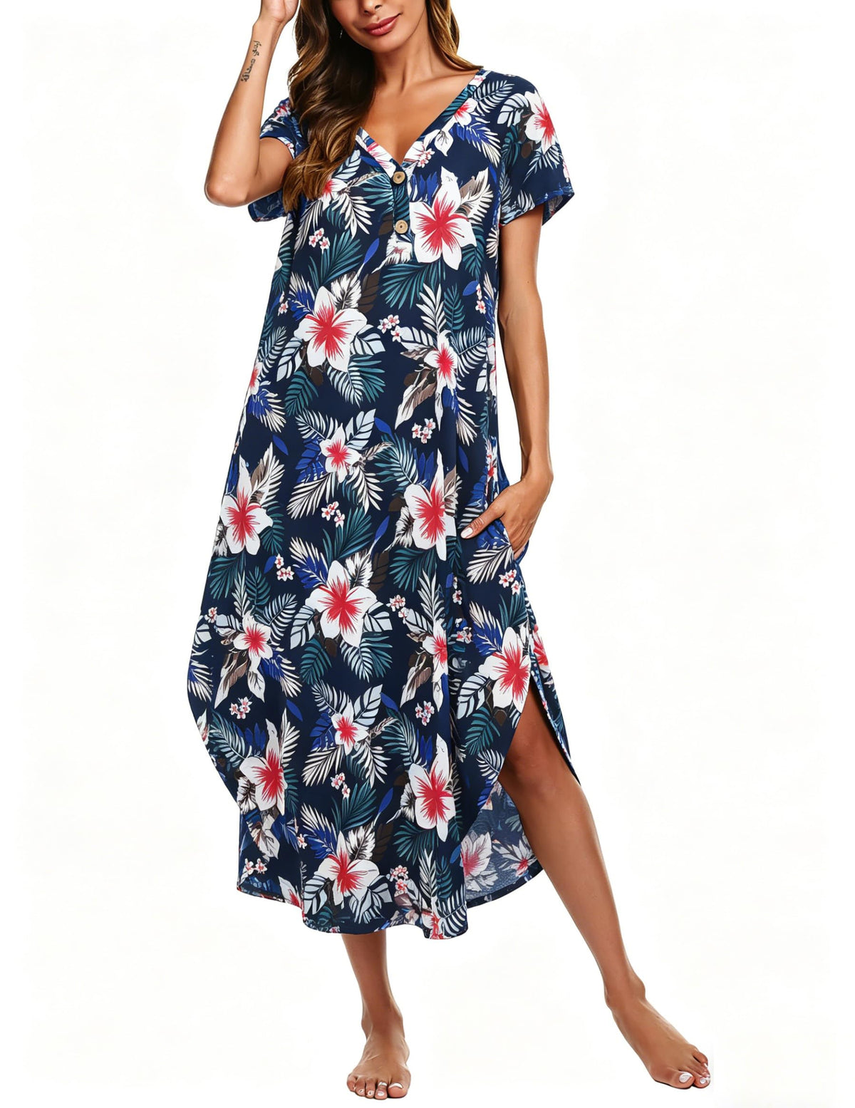 Ekouaer Long Nightgowns For Women Short Sleeve Midi Nightgown With Pockets