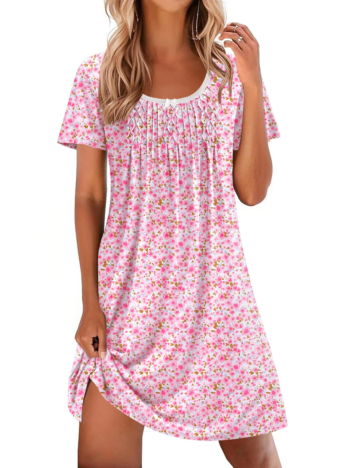 Ekouaer Nightgowns for Women Pleated Sleep Shirts Short Sleeve Night Shirts